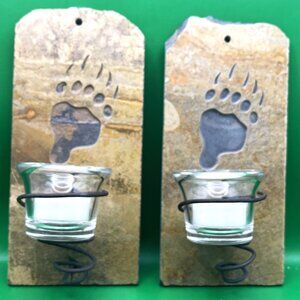 Rustic Slate Wall Sconces Bear Paw Votive Candle Holders Lodge Cabin Décor
